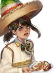  1girl black_hair brown_eyes chainsaw_man food hair_ornament hairclip hat higashiyama_kobeni highres holding holding_plate kimy_list mexico mole mole_on_cheek mole_under_eye mole_under_mouth multiple_moles open_mouth plate short_ponytail signature simple_background single_sidelock solo sombrero spanish_commentary taco tearing_up upper_body white_background 