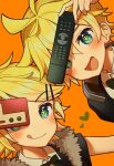  1boy 1girl absurdres aqua_eyes aruminsuko blonde_hair controller famicom_gamepad fur_collar headphones headphones_around_neck highres holding holding_controller holding_remote_control kagamine_len kagamine_rin open_mouth orange_background receiver_(module) remote_control remote_control_(vocaloid) short_hair siblings smile tongue tongue_out transmitter_(module) twins vocaloid 