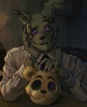  2023 5_fingers animatronic anthro black_nose clothing fingers five_nights_at_freddy&#039;s five_nights_at_freddy&#039;s_3 furniture green_body head_on_hand hi_res lagomorph leporid looking_at_viewer machine male mammal necktie p0nyplanet purple_eyes rabbit robot scottgames shirt solo springtrap_(fnaf) table topwear 