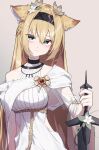  1girl absurdres animal_ears arknights beudelb black_hairband blonde_hair blue_eyes blush breasts dress flower grey_background hair_between_eyes hair_flower hair_ornament hairband highres holding holding_sword holding_weapon horn_(arknights) horn_(to_effloresce_whitely)_(arknights) jewelry long_hair medium_breasts necklace official_alternate_costume simple_background solo sword upper_body very_long_hair weapon white_dress white_flower wolf_ears wolf_girl 