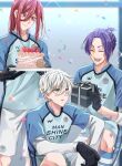  3boys ^_^ birthday_cake black_eyes black_gloves blue_lock blue_shirt box cake chigiri_hyoma closed_eyes closed_mouth confetti cowboy_shot food gift gift_box gloves highres holding holding_gift holding_plate knees_up long_hair looking_at_another male_focus mikage_reo multiple_boys nagi_seishirou open_mouth plate purple_hair red_eyes red_hair shirt short_hair short_ponytail short_sleeves shorts sitting smile soccer_uniform sportswear standing white_hair white_shorts yuzukarin728 