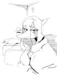  anthro bed bedroom christian_cross christian_symbol christianity dinosaur fang_(gvh) female furniture goodbye_volcano_high hair long_hair long_snout looking_at_viewer messy_hair monochrome pterodactylus pterosaur religion reptile scalie sitting sketch snoot_game_(fan_game) snout solo tired_eyes unknown_artist 