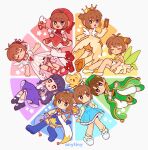  +_+ 1boy 2girls anytiny bare_shoulders black_footwear black_hair blue_dress blue_footwear blue_headwear blunt_bangs boots bright_pupils brown_eyes brown_hair cardcaptor_sakura cardigan closed_eyes color_wheel_challenge crown daidouji_tomoyo dress fuuin_no_tsue green_eyes green_footwear green_headwear heart hoshi_no_tsue juliet_sleeves kero kinomoto_sakura li_xiaolang long_hair long_sleeves multiple_girls multiple_views orange_footwear pants pink_footwear puffy_short_sleeves puffy_sleeves purple_dress red_dress red_footwear red_headwear shoes short_hair short_sleeves slippers socks staff star_(symbol) strapless strapless_dress white_dress white_pants white_pupils white_socks yellow_dress yin_yang 