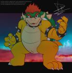  2023 3_toes 4_fingers animal_genitalia anthro armband biped bowser bracelet claws collar digital_media_(artwork) eyebrows feet finger_claws fingers genital_slit genitals glistening glistening_eyes green_body hair hi_res horn jewelry koopa male mario_bros nintendo pinup pose raccoondouglas red_eyes red_hair scales scalie shell signature slit smile solo spiked_armband spiked_bracelet spiked_collar spiked_shell spiked_tail spikes spikes_(anatomy) tail tan_body tan_scales teeth text toe_claws toes url yellow_body yellow_scales 