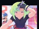  2boys alternate_costume belt black_belt black_gloves black_shirt blue_hair blush drinking galo_thymos gloves green_hair highres holding holding_wrench hot kome_1022 lio_fotia looking_at_viewer male_focus multiple_boys otoko_no_ko pants promare purple_eyes red_pants shirt short_hair solo_focus strawberry_milk sweat tight_clothes tight_shirt topless_male wrench 