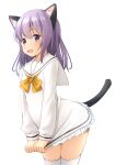  1girl :d animal_ear_fluff animal_ears blush bow cat_ears cat_girl cat_tail commentary_request dress dress_tug frilled_dress frills hair_between_eyes highres long_sleeves looking_away original puffy_long_sleeves puffy_sleeves purple_eyes purple_hair sailor_collar sailor_dress shibacha simple_background smile solo tail thighhighs white_background white_dress white_sailor_collar white_thighhighs yellow_bow zettai_ryouiki 