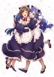  3girls ;d ^_^ animal_ears apron asari_nanami bintaptyo blue_bow blue_bowtie blue_eyes blue_hair blunt_bangs blush bow bowtie breasts brown_hair cat_ears closed_eyes dot_nose dress fake_animal_ears fish_hair_ornament frilled_apron frilled_dress frills full_body green_bow green_bowtie hair_ornament hair_rings hand_up highres hug idolmaster idolmaster_cinderella_girls idolmaster_cinderella_girls_starlight_stage large_breasts long_hair long_sleeves looking_at_another maekawa_miku mary_janes medium_breasts multiple_girls one_eye_closed open_mouth pantyhose purple_dress red_bow red_bowtie red_eyes sajo_yukimi shoes short_hair simple_background smile standing standing_on_one_leg very_long_hair waist_bow white_apron white_background white_bow white_headdress 
