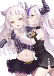  2girls ascot blunt_bangs breasts collar commentary_request demon_girl demon_horns detached_sleeves grey_hair hair_between_eyes highres hololive hololive_english horns la+_darknesss long_hair long_sleeves metal_collar midriff mitsuru_(pixiv_34028718) multicolored_hair multiple_girls murasaki_shion murasaki_shion_(1st_costume) navel open_mouth pointy_ears purple_hair purple_horns shirt skirt small_breasts streaked_hair striped striped_horns striped_shirt vertical-striped_shirt vertical_stripes very_long_hair virtual_youtuber yellow_ascot yellow_eyes 