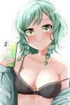  1girl bang_dream! black_bra bow bow_bra bra braid breasts collarbone eyes_visible_through_hair green_eyes green_hair highres hikawa_hina holding holding_phone natsuyoshi_(natsun) phone smile tagme tongue tongue_out twin_braids unbuttoned unbuttoned_shirt underwear 