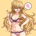  1girl ;o ahoge bikini blonde_hair braid breasts commentary_request eaglov frilled_bikini frills hair_between_eyes highres kirisame_marisa long_hair looking_at_viewer medium_breasts navel one_eye_closed open_mouth pink_bikini pixel_art side_braid single_braid solo spoken_sweatdrop sweatdrop swimsuit touhou variant_set yellow_background 