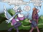  anthro avian big_breasts bird blonde_hair breast_size_difference breasts brown_body brown_fur cleavage clothed clothing dialogue duo english_text female fur hair hi_res lagomorph leporid mammal midriff rabbit scut_tail scuted_legs scutes shieltar short_tail tail text 