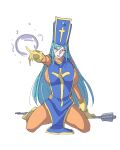  1girl absurdres blue_hair blue_headwear blue_tabard bodysuit breasts cross dragon_quest dragon_quest_iii full_body gloves hat highres holding_mace huge_breasts kneeling light_blue_hair long_hair lower_teeth_only mace mitre open_mouth orange_bodysuit outstretched_arm powerhamuhamu priest_(dq3) red_eyes simple_background solo tabard teeth tsurime v-shaped_eyebrows very_long_hair weapon white_background yellow_footwear yellow_gloves 