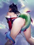  1girl ahri_(league_of_legends) animal_ears ass bare_shoulders bent_over black_hair detached_sleeves facial_mark feet_out_of_frame fox_ears highres hua_zhong_yu korean_clothes kumiho league_of_legends long_hair neeko_(league_of_legends) no_panties off_shoulder pussy pussy_juice shiny_skin solo tail 