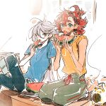  2girls :o black_hairband blue_eyes blue_pants blue_shirt earrings food food_on_face fruit grey_eyes grey_hair grey_pants gundam gundam_suisei_no_majo hair_behind_ear hair_between_eyes hairband holding holding_food holding_fruit jewelry long_hair looking_at_viewer miorine_rembran multiple_girls orange_shirt pants red_hair red_ribbon ribbon seed shirt sitting suletta_mercury sweatpants tima very_long_hair watermelon watermelon_slice 
