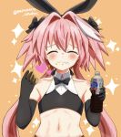  1boy ^_^ astolfo_(fate) astolfo_(saber)_(fate) black_bow black_bowtie black_gloves black_ribbon blush bottle bow bowtie closed_eyes closed_mouth fang fate/grand_order fate_(series) food food_on_face gloves hair_bow hair_intakes highres holding holding_food layered_skirt long_hair low_twintails male_focus marumaru_uhuhu multicolored_hair nescafe otoko_no_ko pink_hair ribbon skin_fang skirt sparkle sparkle_background streaked_hair twintails very_long_hair white_hair wing_collar 