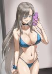 1girl asuna_(blue_archive) bikini blonde_hair blue_archive blue_bikini blue_choker blue_eyes blue_nails breasts cellphone choker cleavage eyes_visible_through_hair grin hair_over_one_eye highres holding holding_phone light_brown_hair long_hair looking_at_viewer mole mole_on_breast navel phone scrunchie selfie shinsaku_(stan-art) smartphone smile solo stomach swimsuit very_long_hair wrist_scrunchie 