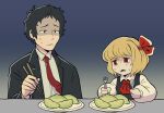  1boy 1girl adachi_tooru black_jacket blonde_hair cabbage chopsticks commentary crossover empty_eyes fangs fork frown holding holding_chopsticks holding_fork holding_spoon jacket long_sleeves necktie persona persona_4 plate puffy_long_sleeves puffy_sleeves red_eyes red_necktie rumia saurit shaded_face spoon touhou 