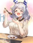  1girl 1other ^_^ animal_ears blush breasts closed_eyes commentary_request food grey_hair grey_shirt hands_up highres hishi_miracle_(umamusume) horse_ears large_breasts meyamu open_mouth plate shirt short_sleeves umamusume upper_body 
