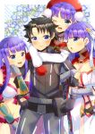  1boy 3girls :d ;d arm_between_breasts bare_shoulders beret between_breasts black_gloves black_hair black_jacket blue_eyes blue_flower blush breasts brown_shirt cleavage closed_mouth collared_shirt command_spell commentary_request commission diagonal_stripes fate/grand_order fate_(series) floral_background flower flying_sweatdrops fujimaru_ritsuka_(male) gauntlets gloves grey_pants hat hug hug_from_behind jacket kou_hiyoyo long_hair long_sleeves martha_(fate) martha_(santa)_(fate) martha_(swimsuit_ruler)_(fate) medium_breasts mittens multiple_girls navel off-shoulder_shirt off_shoulder one_eye_closed pants parted_bangs parted_lips profile puffy_long_sleeves puffy_sleeves purple_hair red_headwear red_mittens shirt skeb_commission smile striped striped_background very_long_hair wavy_mouth white_shirt 