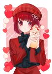  absurdres arima_kana beret bob_cut closed_mouth cup hat hat_ribbon heart highres holding holding_cup inverted_bob oshi_no_ko pink_background red_eyes red_hair red_headwear red_shirt red_skirt ribbon shirt short_hair skirt smile solo xiang_yu_pai 