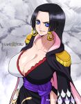  1girl artist_name black_hair blue_eyes boa_hancock breasts cape cleavage dress earrings epaulettes jewelry kameseru large_breasts long_hair looking_at_viewer one_piece snake_earrings solo 