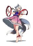  1girl animal_ears barefoot closed_mouth dog_ears dog_tail foothold_trap frilled_skirt frills full_body grey_hair mitsugashira_enoko multiple_tails pink_skirt purple_shirt red_eyes shirt shishi_osamu short_hair simple_background skirt smile solo tail touhou white_background 