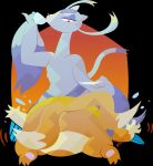  2016 2_tails 3_toes 4_fingers anthro black_background bodily_fluids butt chest_tuft container cup drinking duo feet female fingers floatzel fur generation_4_pokemon generation_5_pokemon hi_res holding_object looking_down mienshao multi_tail nintendo orange_body orange_fur orange_tail pawpads pink_pawpads pokemon pokemon_(species) potoobrigham purple_body purple_fur red_eyes simple_background sitting sitting_on_another sweat tail toes tuft white_body white_fur 