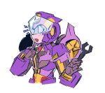  1girl autobot blue_eyes blush finger_to_own_chin holding holding_wrench mecha nautica_(transformers) robot simple_background sketch smile solo the_transformers_(idw) transformers upper_body white_background wrench yesheng_zong_ren 