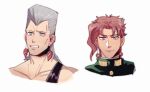  2608337875 2boys blue_eyes cherry_earrings earrings food-themed_earrings gakuran grey_hair jean_pierre_polnareff jewelry jojo_no_kimyou_na_bouken kakyoin_noriaki male_focus multiple_boys purple_eyes red_hair school_uniform stardust_crusaders 