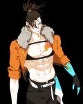  1boy abs arm_tattoo bare_pectorals beard_stubble belt black_background black_hair black_pants blue_eyes blue_skin chest_tattoo colored_skin earrings fur-trimmed_jacket fur_trim hair_between_eyes hand_out_of_frame highres holostars holostars_english jacket jewelry josuiji_shinri looking_to_the_side loose_hair_strand male_focus multicolored_skin muscular muscular_male navel orange_jacket pants pectorals ponytail screetuber sleeves_rolled_up smile snap-fit_buckle tattoo virtual_youtuber white_belt 
