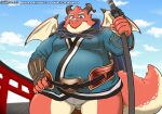  absurd_res anthro asian_clothing belly clothing dragon east_asian_clothing fundoshi hi_res horn japanese_clothing katana kimono male melee_weapon oumi_(tamacolle) overweight pantsless red_body reddo12340 scar solo sword tamacolle underwear weapon wings 