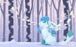  animal_focus bare_tree blue_eyes bright_pupils forest glaceon mizue nature no_humans open_mouth pokemon pokemon_(creature) sitting snow tree twitter_username white_pupils winter 
