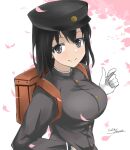  1girl akitsu_maru_(kancolle) backpack bag black_eyes black_hair breasts cherry_blossoms gakky gakuran gloves hat kantai_collection large_breasts military military_uniform one-hour_drawing_challenge peaked_cap petals randoseru school_uniform short_hair signature smile solo uniform white_background white_gloves 