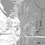  1girl 3ma_can_omochi abstract antennae cloud commentary cutting_board dress dripping english_text eternity_larva expressionless from_side greyscale highres hugging_own_legs industrial_pipe inverted_colors invisible_chair kitchen_knife knee_up looking_at_viewer monochrome one_eye_covered sanpaku short_hair short_sleeves sitting solo touhou trash_can triangle wings 
