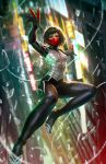  1girl black_bodysuit black_hair bodysuit brown_eyes cindy_moon cityscape dcwj highres looking_at_viewer marvel neon_lights night red_mask short_hair signature silk_(marvel) solo spider-man_(series) watermark white_bodysuit 