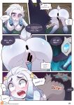  1girl animal_ears anus ass ass_biting bar_censor biting blush body_fur breasts censored english_text fur_collar grey_fur grey_hair highres kindred_(league_of_legends) lamb_(league_of_legends) large_breasts league_of_legends long_hair nipples open_mouth pussy sheep_ears sheep_tail shiny_skin speech_bubble strongbana sweat tail teeth upper_teeth_only wolf_(league_of_legends) 