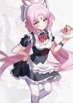  1girl :&lt; absurdres alternate_costume apron black_dress blush bow bow-shaped_hair closed_mouth commentary_request dress enmaided forehead_jewel frilled_apron frilled_bracelet frills fu_xuan_(honkai:_star_rail) fuel_(honkai:_star_rail) highres histheme holding holding_tray honkai:_star_rail honkai_(series) long_hair looking_at_viewer low_twintails maid maid_apron pantyhose parted_bangs pink_hair puffy_short_sleeves puffy_sleeves red_bow red_ribbon ribbon short_sleeves solo tray twintails very_long_hair waist_apron white_apron white_pantyhose yellow_eyes 