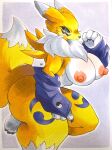  absurd_res anthro armwear bandai_namco blue_eyes breasts claws clothing digimon digimon_(species) female finger_claws fur hi_res looking_at_viewer nipples renamon simple_background solo tail toe_claws traditional_media_(artwork) u_ka yellow_body yellow_fur 
