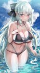  1girl absurdres aqua_hair bare_arms bare_shoulders bikini black_bikini blue_eyes blush breasts cleavage collarbone commentary_request crossed_bangs dripping fate/grand_order fate_(series) hair_ornament hand_on_own_chest highres long_hair looking_at_viewer morgan_le_fay_(fate) nano_(syoutamho) navel ocean outdoors parted_lips partially_submerged sideboob skindentation smile solo stomach swimsuit thighs underboob water 