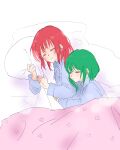  2girls alternate_hairstyle closed_mouth commentary_request green_hair highres multiple_girls object_hug onozuka_komachi pajamas pillow pillow_hug red_hair shiki_eiki short_hair shouko_(airen) sleeping touhou 