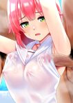  1girl 2boys armpit_sex blush breasts covered_navel cum cum_on_armpits cum_on_body cum_on_breasts green_eyes group_sex hair_between_eyes hetero highres hololive large_breasts long_hair looking_at_viewer male_pubic_hair mmf_threesome multiple_boys multiple_penises open_mouth penis penis_under_another&#039;s_clothes pink_hair pubic_hair sailor_collar sakura_miko sakura_miko_(6th_costume) see-through solo solo_focus testicles threesome uncensored virtual_youtuber white_sailor_collar zabudog777 