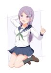  1girl absurdres black_socks blush breasts hair_ornament highres koisuru_asteroid kxcx_sec long_hair looking_at_viewer medium_breasts open_mouth purple_eyes purple_hair school_uniform shoes simple_background skirt socks solo thumbs_up white_background 