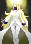  1girl alternate_color blonde_hair breasts cleavage closed_eyes coat cynthia_(pokemon) feet_out_of_frame fur-trimmed_coat fur_trim hair_over_one_eye highres long_hair pants pokemon pokemon_(game) pokemon_masters_ex signature smile split_mouth thigh_gap very_long_hair white_pants yao_(evep3835) 