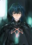  1boy 3: black_cape blue_eyes blue_hair byleth_(fire_emblem) byleth_(male)_(fire_emblem) cape closed_mouth dark_blue_hair doraeshi fire_emblem fire_emblem:_three_houses hair_between_eyes highres male_focus short_hair solo upper_body 