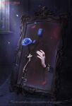  blue_flower blue_rose copyright_name cross dark dated_commentary different_reflection english_commentary falling_petals flower french_text highres mirror moonlight nail_polish night no_humans official_art petals reflection rose rose_petals shining_nikki window 