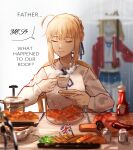  2girls absurdres ahoge artoria_pendragon_(fate) blonde_hair blurry blurry_background blush braid closed_eyes closed_mouth cup denim denim_shorts eating english_text fate/grand_order fate/stay_night fate_(series) food fork french_braid hair_between_eyes hair_bun hair_ribbon hh_(hehexd06161704) highres holding holding_cup holding_umbrella indoors jacket knife long_hair long_sleeves mordred_(fate) mordred_(fate/apocrypha) multiple_girls plate ponytail ribbon saber shirt short_hair shorts sidelocks single_hair_bun smile spice spoon table teacup umbrella union_jack upper_body white_shirt 