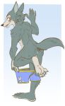  anthro anus balls barely_visible_balls barely_visible_genitalia beastars blue_clothing blue_underwear canid canine canis clothing dressing fur genitals grey_body grey_fur hi_res legoshi_(beastars) looking_back male mammal rear_view solo solo_focus tbid underwear wolf 