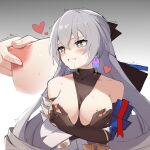  1girl absurdres black_gloves blush breasts breasts_out bronya_rand clenched_teeth collarbone drooling earrings elbow_gloves female_masturbation gloves gradient_background grey_background grey_eyes grey_hair hair_between_eyes heart heart-shaped_pupils highres honkai:_star_rail honkai_(series) huichaz jewelry large_breasts long_hair masturbation nipple_tweak nipples solo symbol-shaped_pupils teeth trembling upper_body white_background 