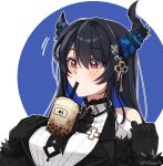  1girl absurdres asymmetrical_horns balancing bare_shoulders black_hair blue_hair breasts bubble_tea bubble_tea_challenge colored_inner_hair cup demon_horns disposable_cup drink drinking drinking_straw drinking_straw_in_mouth fur_trim hair_ornament highres hololive hololive_english horns large_breasts long_hair meme mittsu mole mole_under_eye multicolored_hair nerissa_ravencroft object_on_breast red_eyes two-tone_hair upper_body virtual_youtuber 