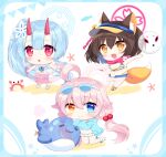  3girls :d :o absurdres ahoge animal_ear_fluff animal_ears ball bare_arms bare_shoulders beachball bikini bikini_under_clothes black_hair blue-tinted_eyewear blue_archive blue_eyes blue_hair blue_jacket blue_shorts blush breasts brown_eyes brown_footwear brown_headwear chibi chise_(blue_archive) chise_(swimsuit)_(blue_archive) cleavage closed_mouth colored_shadow commentary_request eyewear_on_head fang flower fox_ears fox_girl fox_tail frilled_bikini frills hair_between_eyes hair_bobbles hair_flower hair_ornament halo heterochromia highres horns hoshino_(blue_archive) hoshino_(swimsuit)_(blue_archive) inflatable_toy inflatable_whale innertube izuna_(blue_archive) izuna_(swimsuit)_(blue_archive) jacket long_hair long_sleeves looking_at_viewer low_twintails medium_breasts multiple_girls one_side_up oni oni_horns open_clothes open_fly open_jacket open_shorts orange_eyes parted_lips pink_hair pink_scarf red_eyes sailor_collar sandals scarf seashell see-through shadow shell shikito short_shorts shorts side_ponytail sleeves_past_wrists smile star_(symbol) starfish striped striped_bikini sunflower_hair_ornament sunglasses swimsuit tail tinted_eyewear transparent twintails very_long_hair visor_cap white-framed_eyewear white_bikini white_flower white_footwear white_sailor_collar yellow_flower 